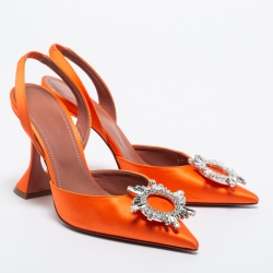 Pre Owned Amina Muaddi Orange Satin Begum Crystal-Embellished Slingback Sandals Size 39