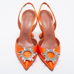 Pre Owned Amina Muaddi Orange Satin Begum Crystal-Embellished Slingback Sandals Size 39