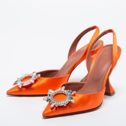 Pre Owned Amina Muaddi Orange Satin Begum Crystal-Embellished Slingback Sandals Size 39