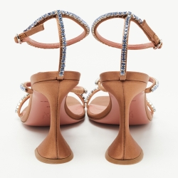 Pre Owned Amina Muaddi Beige Satin Crystal Embellished Gilda Sandals Size 39