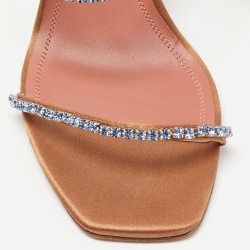 Pre Owned Amina Muaddi Beige Satin Crystal Embellished Gilda Sandals Size 39