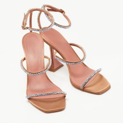 Pre Owned Amina Muaddi Beige Satin Crystal Embellished Gilda Sandals Size 39