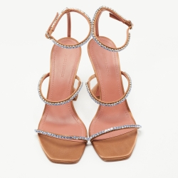 Pre Owned Amina Muaddi Beige Satin Crystal Embellished Gilda Sandals Size 39