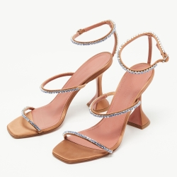 Pre Owned Amina Muaddi Beige Satin Crystal Embellished Gilda Sandals Size 39