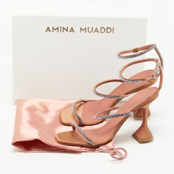 Pre Owned Amina Muaddi Beige Satin Crystal Embellished Gilda Sandals Size 39