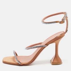 Pre Owned Amina Muaddi Beige Satin Crystal Embellished Gilda Sandals Size 39