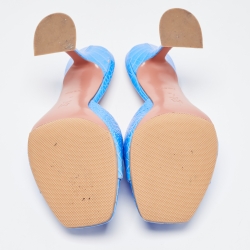 Pre Owned Amina Muaddi Blue Croc Embossed Lupita Slides Sandals Size 38