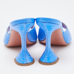 Pre Owned Amina Muaddi Blue Croc Embossed Lupita Slides Sandals Size 38