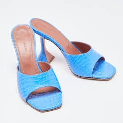 Pre Owned Amina Muaddi Blue Croc Embossed Lupita Slides Sandals Size 38