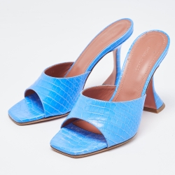 Pre Owned Amina Muaddi Blue Croc Embossed Lupita Slides Sandals Size 38