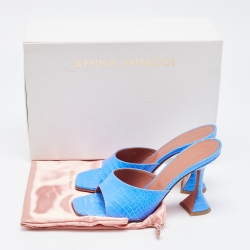 Pre Owned Amina Muaddi Blue Croc Embossed Lupita Slides Sandals Size 38