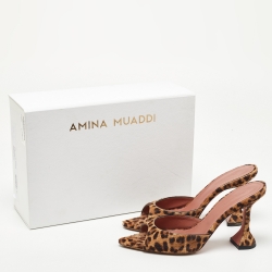 Amina Muaddi Beige/Brown Leopard Print Calfhair Caroline Mule Size 38.5