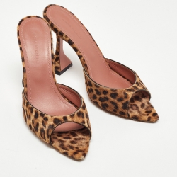 Amina Muaddi Beige/Brown Leopard Print Calfhair Caroline Mule Size 38.5