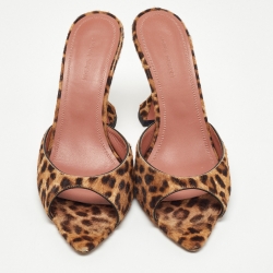 Amina Muaddi Beige/Brown Leopard Print Calfhair Caroline Mule Size 38.5