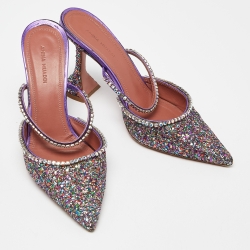 Pre Owned Amina Muaddi Multicolor Glitter and Leather Gilda Embellished Mules Size 39