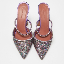 Pre Owned Amina Muaddi Multicolor Glitter and Leather Gilda Embellished Mules Size 39