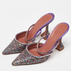 Pre Owned Amina Muaddi Multicolor Glitter and Leather Gilda Embellished Mules Size 39