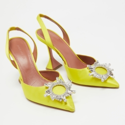 Pre Owned Amina Muaddi Yellow Satin Begum Slingback Pumps Size 39