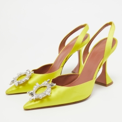 Pre Owned Amina Muaddi Yellow Satin Begum Slingback Pumps Size 39