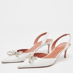 Pre Owned Amina Muaddi White Leather Rosie Slingback Pumps Size 41.5