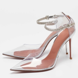 Pre Owned Amina Muaddi Silver PVC and Patent Leather Ursina Pumps Size 38