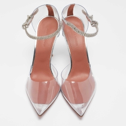 Pre Owned Amina Muaddi Silver PVC and Patent Leather Ursina Pumps Size 38