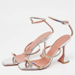 Pre Owned Amina Muaddi Silver/Multicolor Leather Gilda Sandals Size 39
