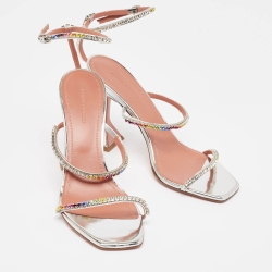 Pre Owned Amina Muaddi Silver/Multicolor Leather Gilda Sandals Size 39