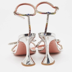 Pre Owned Amina Muaddi Silver/Multicolor Leather Gilda Sandals Size 39