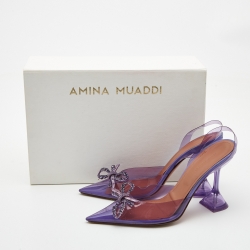 Pre Owned Amina Muaddi Purple PVC Crystal Embellished Bow Slingback Pumps Size 39