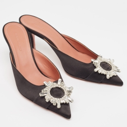 Amina Muaddi Black Satin Begum  Mules Size 37