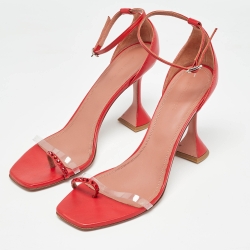 Pre Owned Amina Muaddi Red Leather Daisy Ankle Strap Sandals Size 42
