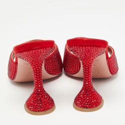 Pre Owned Amina Muaddi Red Crystal Embellished Suede Lupita Sandals Size 39