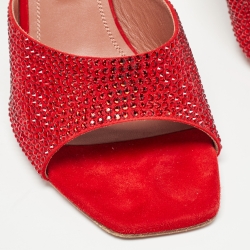 Pre Owned Amina Muaddi Red Crystal Embellished Suede Lupita Sandals Size 39