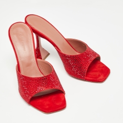 Pre Owned Amina Muaddi Red Crystal Embellished Suede Lupita Sandals Size 39