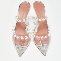 Pre Owned Amina Muaddi Transparent PVC Crystal Embellished Julia Mules Size 41