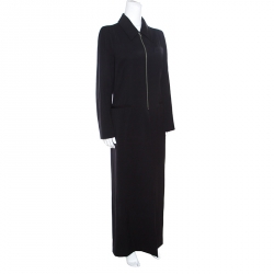 Ann Demeulemeester Black Wool Gabardine Zip Front Slit Detail Overcoat L