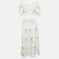 Pre Owned Antonio Melani White Floral Embroidered Top and Skirt Set S