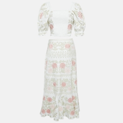Pre Owned Antonio Melani White Floral Embroidered Top and Skirt Set S
