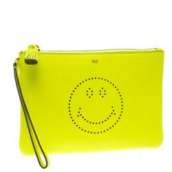 Pre Owned Anya Hindmarch Neon Yellow Leather Smiley Zip Top Pouch