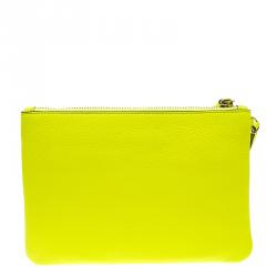 Pre Owned Anya Hindmarch Neon Yellow Leather Smiley Zip Top Pouch