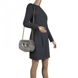 Pre Owned Anya Hindmarch Grey Shearling Mini Eyes Crossbody Bag