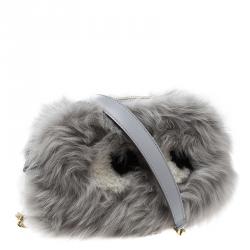 Pre Owned Anya Hindmarch Grey Shearling Mini Eyes Crossbody Bag