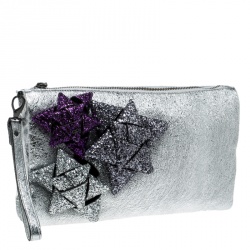 Pre Owned Anya Hindmarch Metallic Silver Crinkle Leather Scrooge Day Glitter Clutch