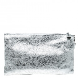 Pre Owned Anya Hindmarch Metallic Silver Crinkle Leather Scrooge Day Glitter Clutch