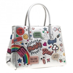 Pre Owned Anya Hindmarch Silver Embossed Sticker Leather Small Ebury Tote