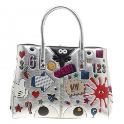 Pre Owned Anya Hindmarch Silver Embossed Sticker Leather Small Ebury Tote