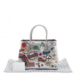 Pre Owned Anya Hindmarch Silver Embossed Sticker Leather Small Ebury Tote