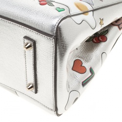 Pre Owned Anya Hindmarch Silver Embossed Sticker Leather Small Ebury Tote