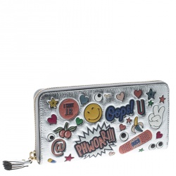Pre Owned Anya Hindmarch Silver Leather All Over Wink Stickers Zip Around Wallet